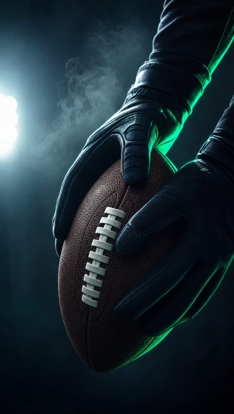 Gloved hands gripping a football under stadium lights